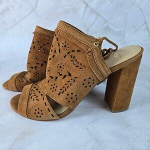 Ivanka Trump Size 10M Brown Perforated Leather Heels Ankle Ties Chunky Heel NWOT